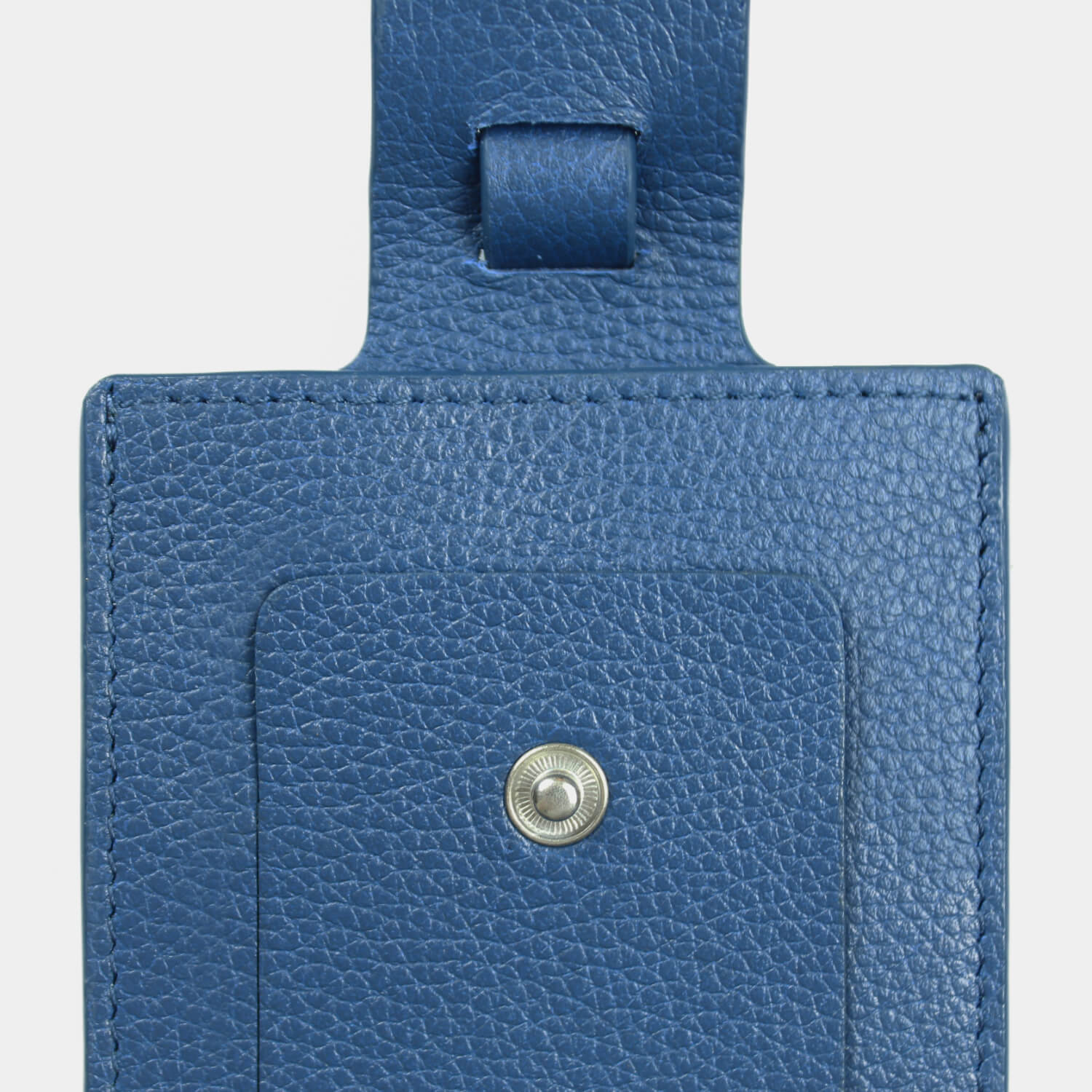 Fine grain leather luggage tag with popper and contact details form