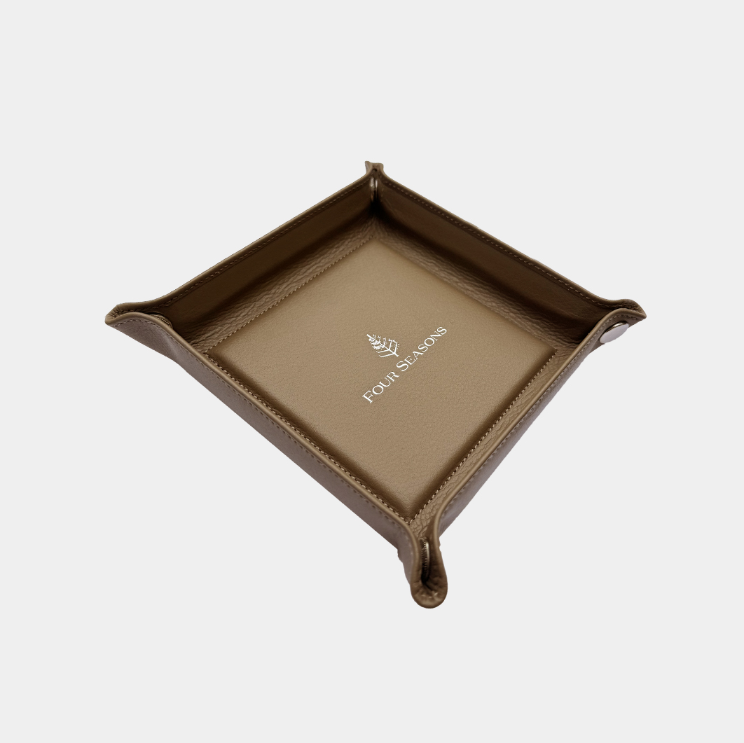 Fine grain leather tidy tray with 4 poppers to open and lay flat